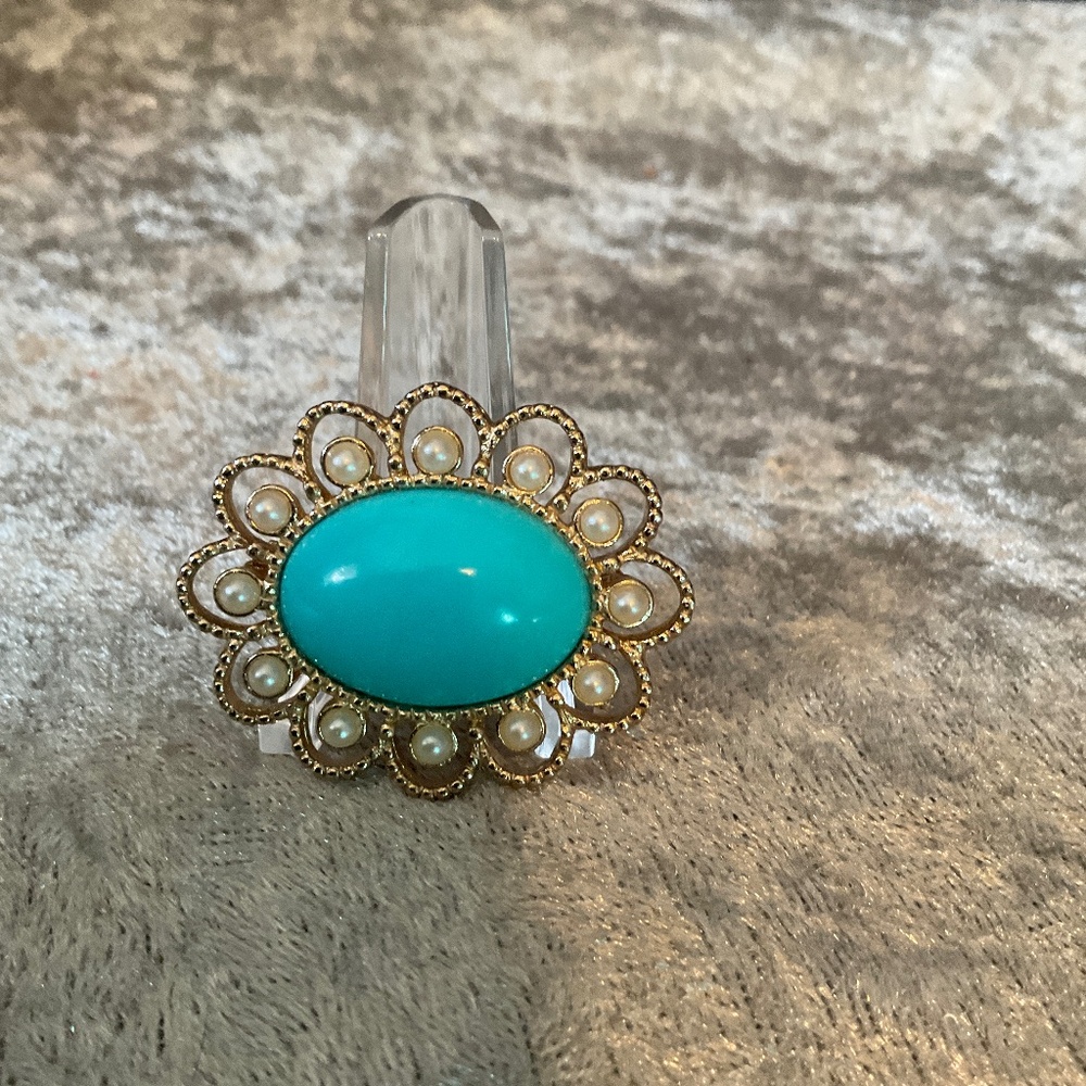 Vintage Sarah Coventry Teal Blue and Pearl Oval Brooch